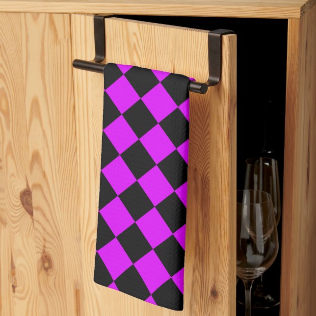 Linge De Cuisine Motif diamant damier noir violet (Pliage en tiers)