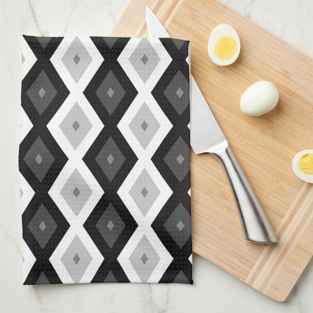 Linge De Cuisine Motif diamant noir, blanc et gris (Quart Plié)