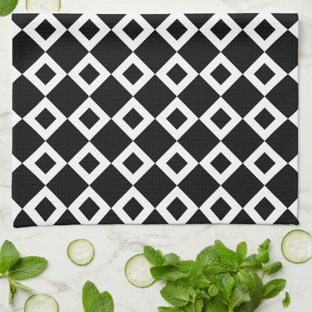 Linge De Cuisine Motif diamant noir et blanc (Plié)