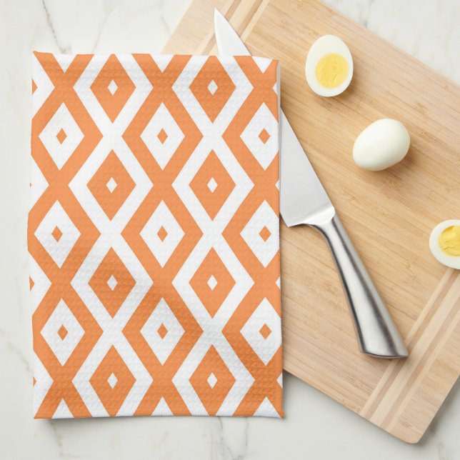 Linge De Cuisine Motif diamant orange et blanc (Quart Plié)