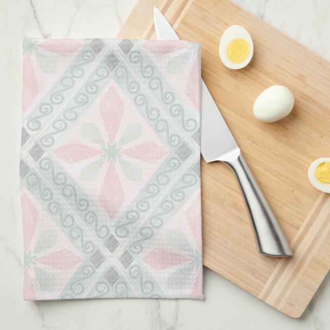 Linge De Cuisine Motif diamant pastel vert et rose (Quart Plié)