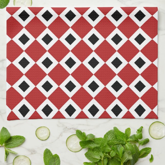 Linge De Cuisine Motif diamant rouge, blanc et noir (Plié)