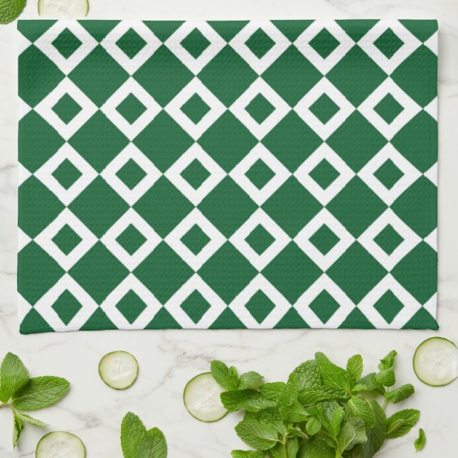 Linge De Cuisine Motif diamant vert et blanc (Plié)