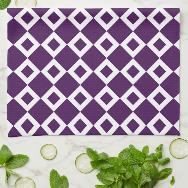 Linge De Cuisine Motif diamant violet et blanc (Plié)