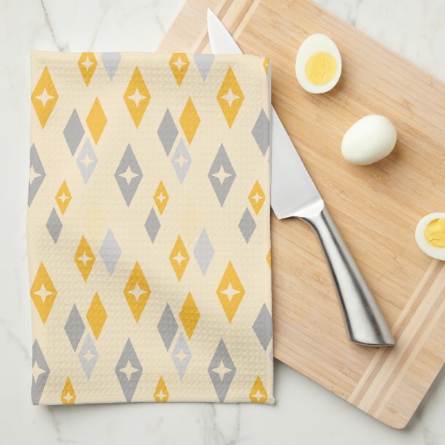 Linge De Cuisine Motif Diamants Atomiques MCM Jaune, Gris (Quart Plié)
