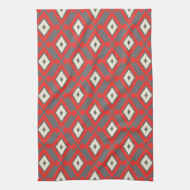 Linge De Cuisine Motif d'Ikat - rouge, gris et beige (Vertical)