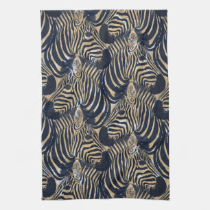 Linge De Cuisine Motif d'impression moderne Gold Blue Zebras