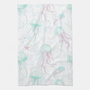 Linge De Cuisine Motif d'océan à l'aquarelle avec méduses rêveuses