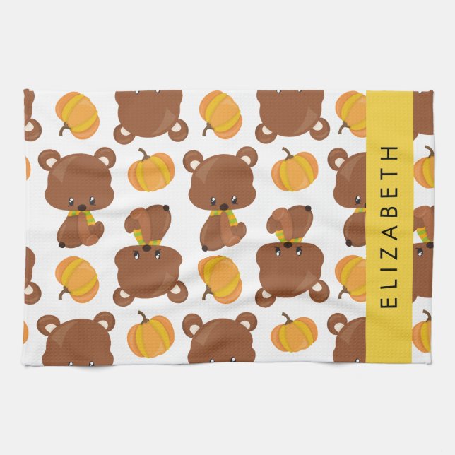 Linge De Cuisine Motif D'Ours, Mignons Ours, Citrouille, Votre Nom (Horizontal)