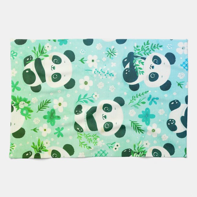 Linge De Cuisine Motif d'ours panda vert (Horizontal)