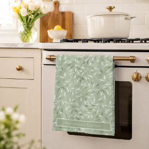 Linge De Cuisine Motif élégant de feuilles d'olive avec nom personn