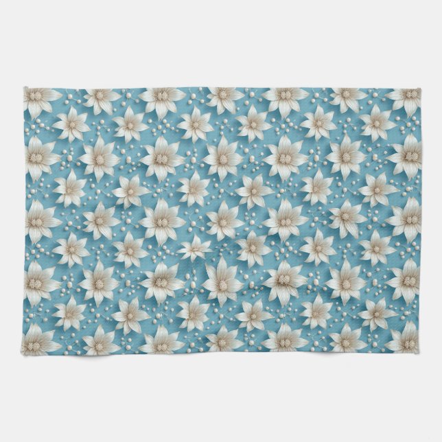 Linge De Cuisine Motif Élégant de Fleurs Blanches avec Perles (Horizontal)