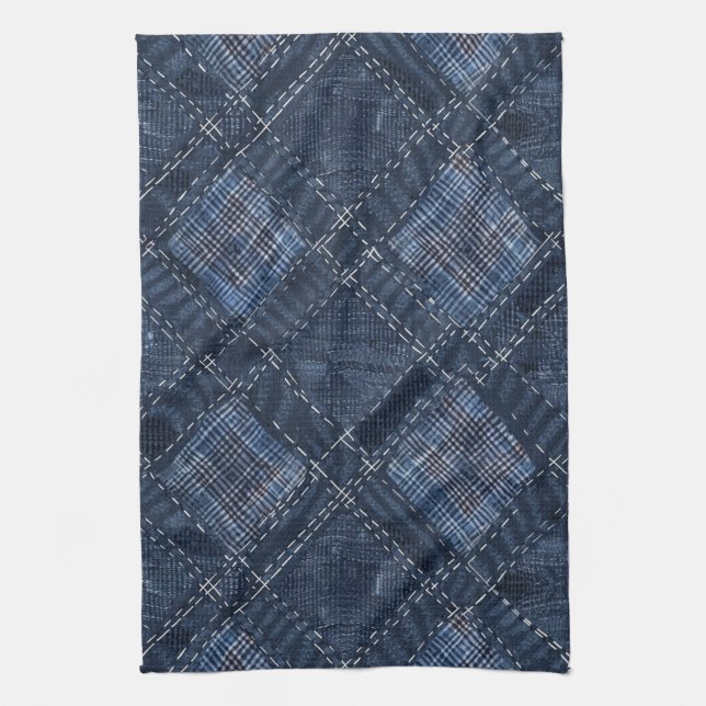 Linge De Cuisine Motif en denim à point de diamant indigo classique (Vertical)