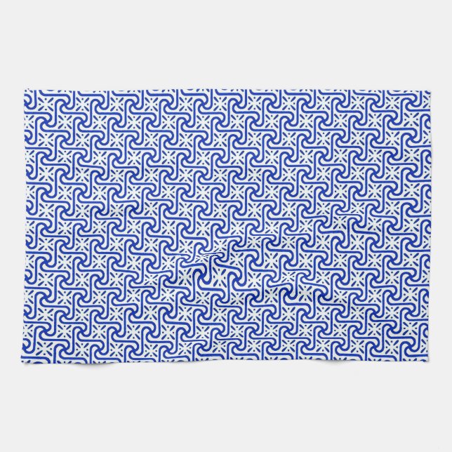 Linge De Cuisine Motif en tuiles égyptiennes, blanc et bleu cobalt (Horizontal)
