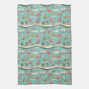 Linge De Cuisine Motif Estival Rétro Flamingo au Bord de la Piscine