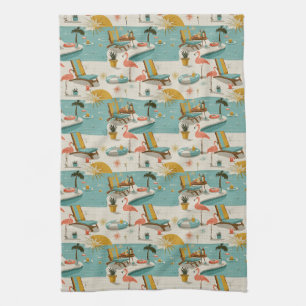 Linge De Cuisine Motif Estival Rétro Flamingo au Bord de la Piscine