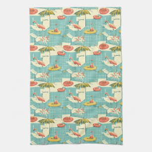 Linge De Cuisine Motif Estival Rétro Flamingo au Bord de la Piscine