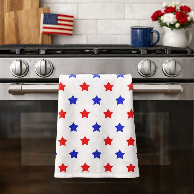Linge De Cuisine Motif étoile rouge et bleu moderne (A kitchen towel with red & blue star pattern on a white background.)
