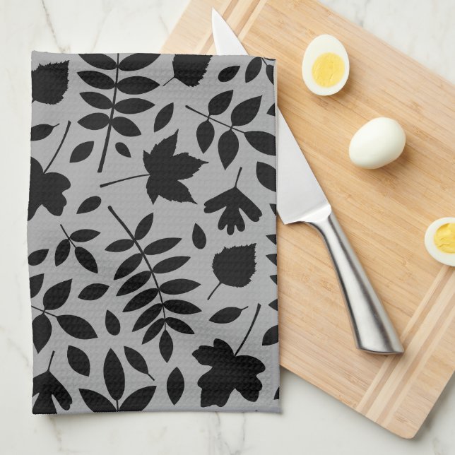 Linge De Cuisine Motif Feuille tombé noir sur gris (Quart Plié)
