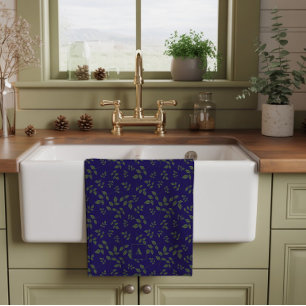 Linge De Cuisine Motif feuilles bleu foncé vert monogramme