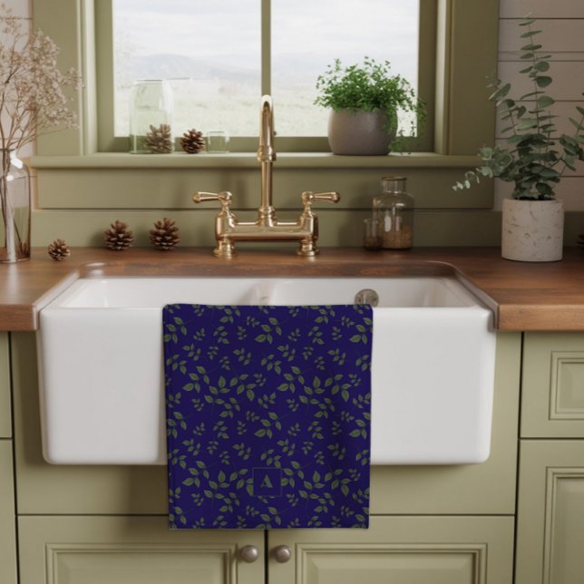 Linge De Cuisine Motif feuilles bleu foncé vert monogramme (Créateur téléchargé)