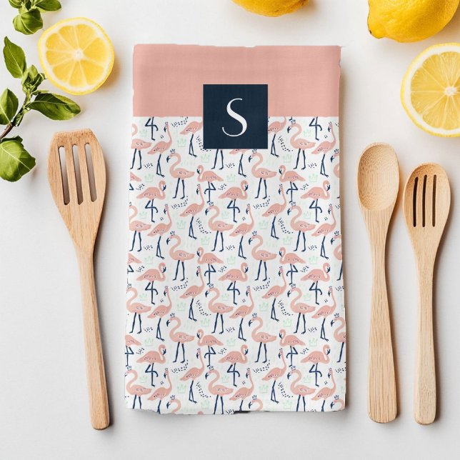 Linge De Cuisine Motif flamant rose Monogramme Moderne (Modern Monogram pink Flamingo Pattern Kitchen Towel)
