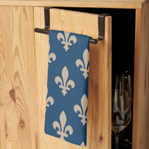 Linge De Cuisine Motif Fleur de Lis, Royal Français, Crème sur Bleu