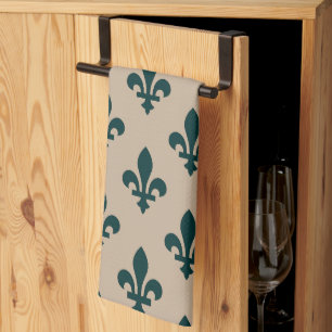 Linge De Cuisine Motif Fleur de Lis, Vert Royal Français sur Crème