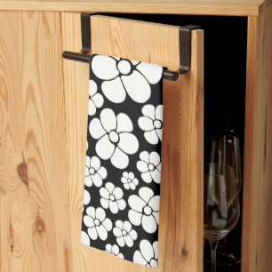 Linge De Cuisine Motif Fleur rétro en blanc sur noir