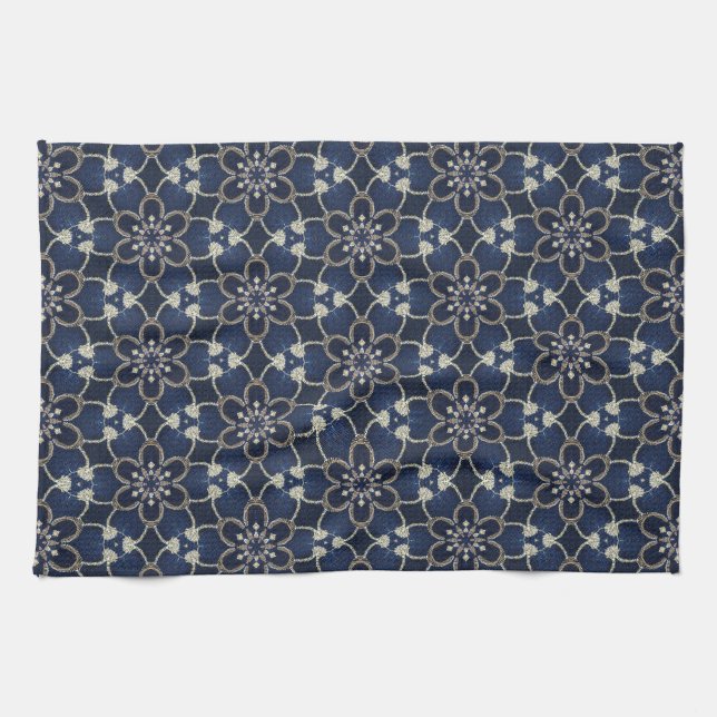 Linge De Cuisine Motif Fleurs Bleu Minuit (Horizontal)