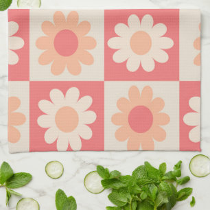 Linge De Cuisine Motif Fleurs Rétro à Carreaux Peach Fuzz 