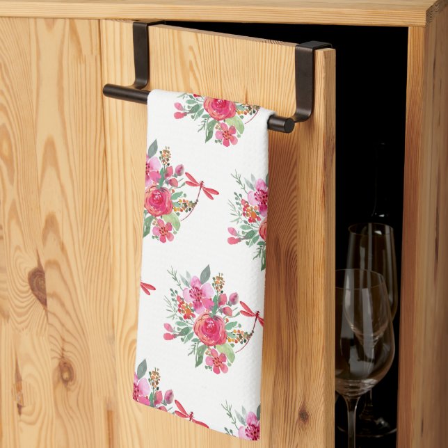 Linge De Cuisine Motif fleurs roses et libellules  (Pliage en tiers)