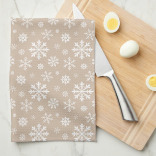 Linge De Cuisine Motif flocon de neige festif beige et blanc