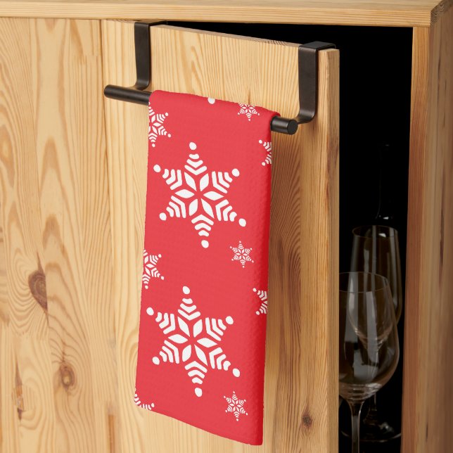Linge De Cuisine Motif Flocon de Neige, Flocons Blancs, Neige, Roug (Pliage en tiers)