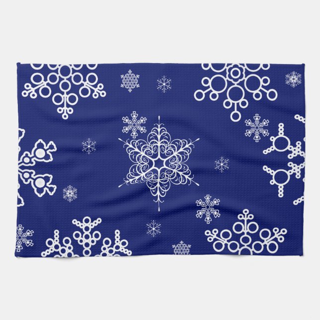 Linge De Cuisine Motif Flocons de Neige Blancs et Bleus (Horizontal)