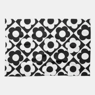 Linge De Cuisine Motif floral à carreaux diamant noir et blanc