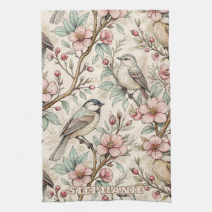 Linge De Cuisine Motif floral à l'encre noire et oiseau chanteur bo
