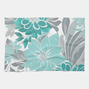 Linge De Cuisine Motif Floral, Aqua, Turquoise, Turquoise et Gris