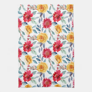 Linge De Cuisine Motif floral aquarelle ensoleillé en rose jaune