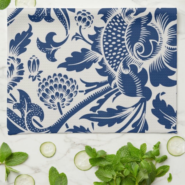 Linge De Cuisine Motif floral bleu complexe sur fond clair (Plié)