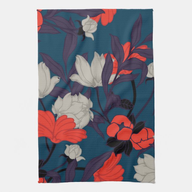 Linge De Cuisine Motif floral bleu et rouge élégant (Vertical)