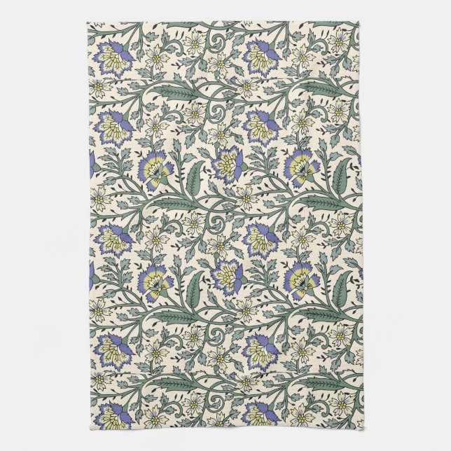 Linge De Cuisine Motif floral bleu, jaune et blanc continu  (Vertical)