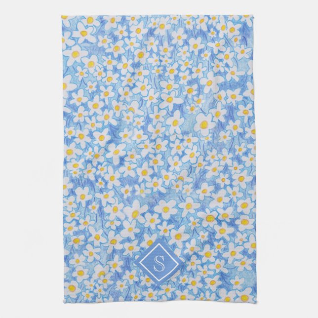 Linge De Cuisine Motif floral bleu marais Monogramme (Vertical)
