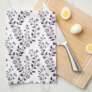 Linge De Cuisine Motif floral boho moderne prune blanc