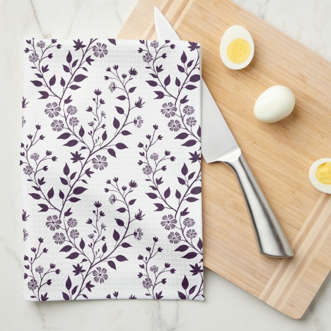 Linge De Cuisine Motif floral boho moderne prune blanc (Quart Plié)