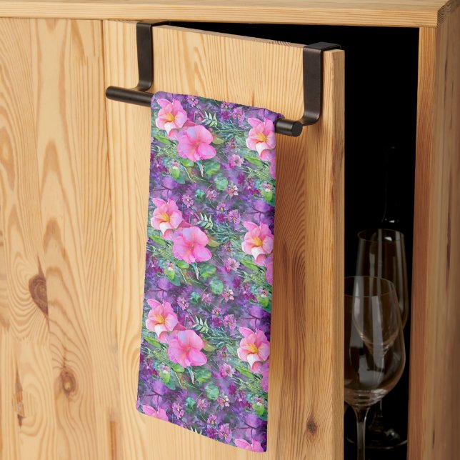 Linge De Cuisine Motif floral botanique pourpre et rose (Pliage en tiers)