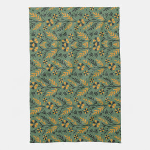 Linge De Cuisine Motif floral botanique stylisé orange et noir