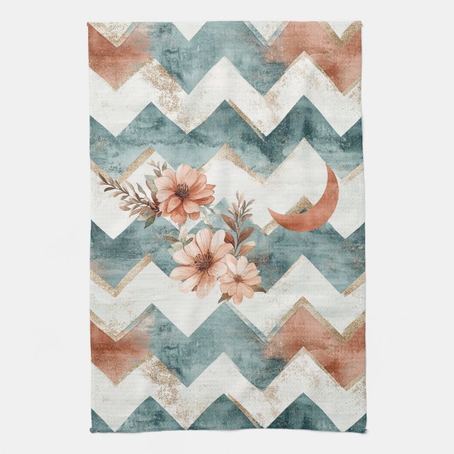 Linge De Cuisine Motif floral chevron Lune rustique Terre (Vertical)