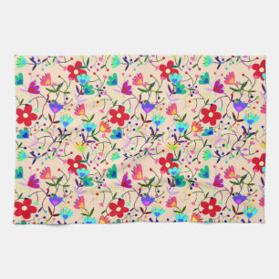 Linge De Cuisine Motif floral coloré sur fond beige