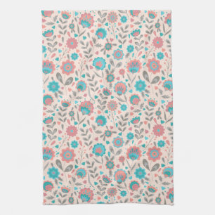 Linge De Cuisine Motif floral d'art populaire turquoise et de